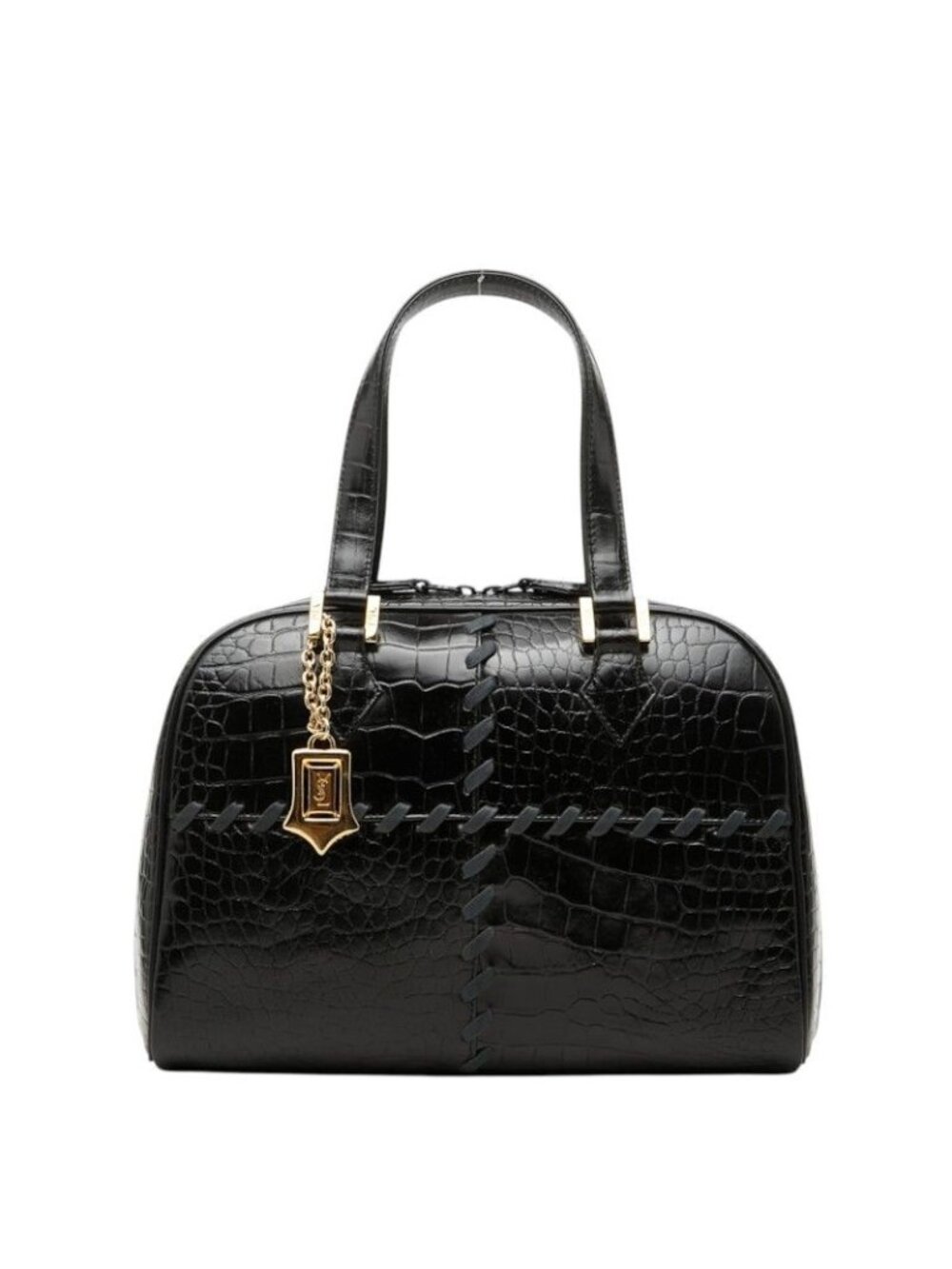 Saint Laurent Logo Croco Embossed Handbag Black Leather